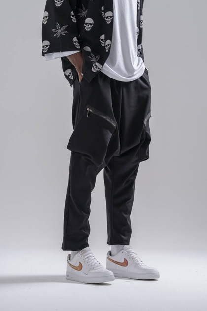 Men's Black Baggy Trousers with Zipper Pockets