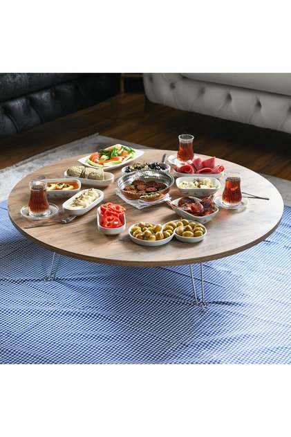 90x90 cm ceviz desenli yuvarlak kilitli ayaklı Yer Sofrası, Yer Masası, Yemek Masası
