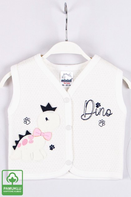 Baby Girl Dino Embroidered Organic Cotton 1-3-6-9 Months Quilted Baby Vest - Ecru/pink