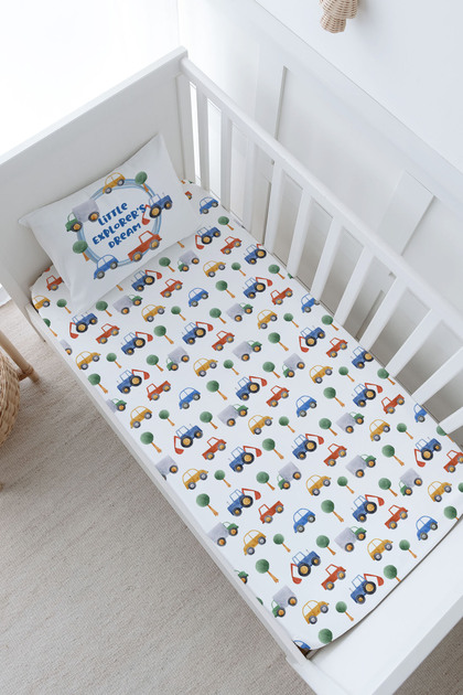 Baby Size Fitted Sheet Set - for Baby Series - Cars in Blue Circle