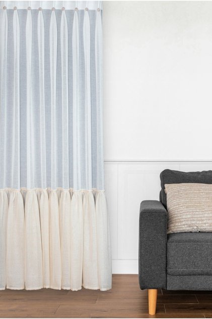 American Pleated Skirt with Ruffle Button Detail, Linen Tulle Curtain (Ecru-Mink Combination)