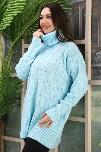 Fishing Neck Knitted Detail Oversize Knitting Tunic Sweater