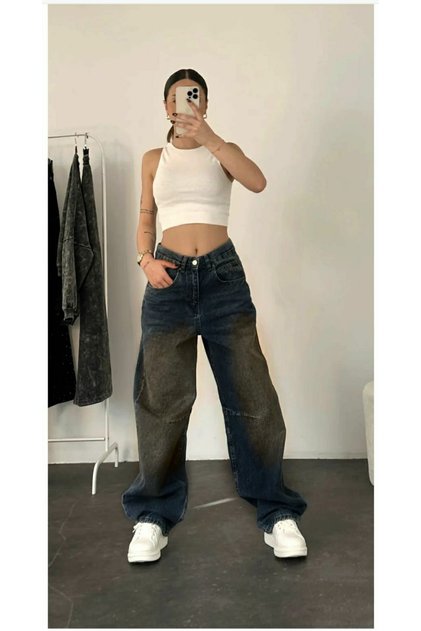 Baggy Jeans Buckle Detailed Navy Coffee Tint Chemical Super High Waist Lycra Free