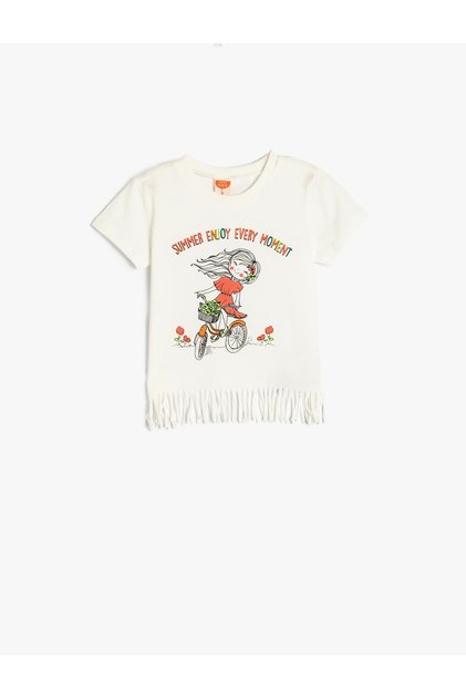 Tassel Detailed Printed Cotton Crew Neck Short Sleeve T-Shirt