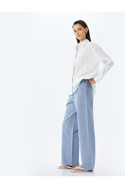 Lacing Detailed Wide Leg Linen Trousers with Pockets