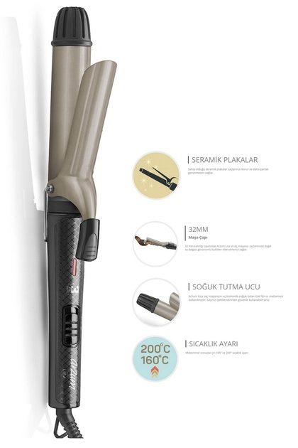 Ar5028 Lisa XL Hair Curling Iron Ceramic Plate 32mm, 160-200 ° C, Black