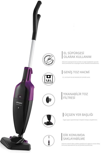 Arzum Pronto Lux 2'si 1 Arada Dikey Elektrikli Süpürge 800W Mürdüm