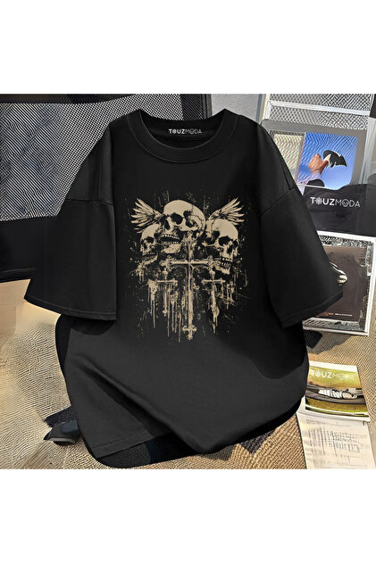 Touz Moda Gothic Skull Cross Baskılı Unisex Oversize T-Shirt