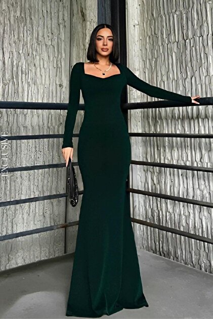 Mossta Sweetheart Neckline Fish Model Flowers Silvery Fabric Evening Dress  - Green- Trendyol