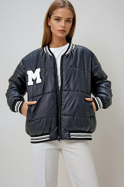 Women's Black Ribbed Trim Detailed Puffer Coat Prmx13127