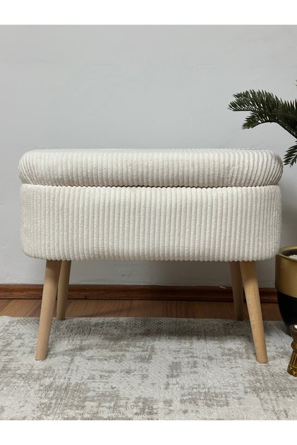 MİNİ OSLO İthal Premium Kumaş Fitilli Kadife Krem Sandıklı Bench Puf