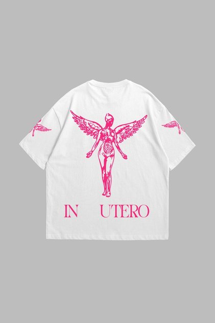 Nirvana in Utero Pink Printed Oversize Unisex White Tshirt