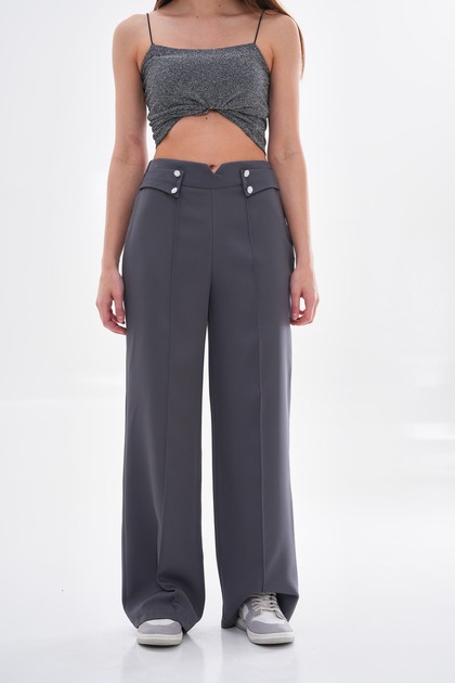 Women's Smoked High Waist Wide Leg Palazzo Button Detail Slim Fit Kalip Trousers