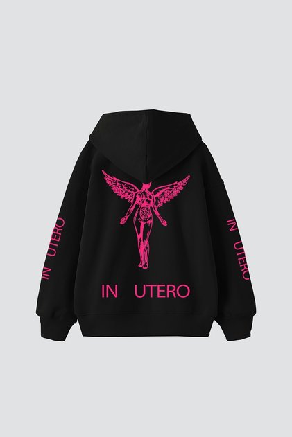 هودي أسود كبير الحجم مطبوع عليه Nirvana In Utero باللون الوردي للجنسين
