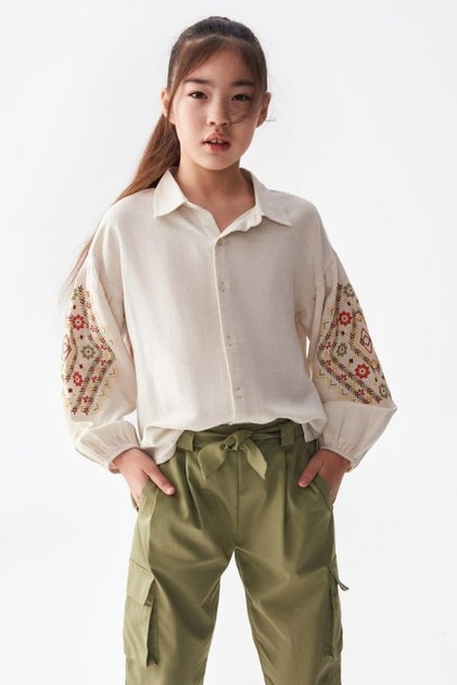 Cream Color Sleeve Embroidered Shirt for Girls Ages 08-14