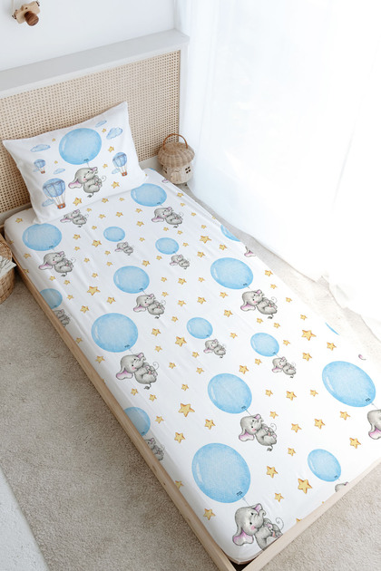 Single Fitted Sheet Set - for Baby Series - Blue Big Bubble Elephant
