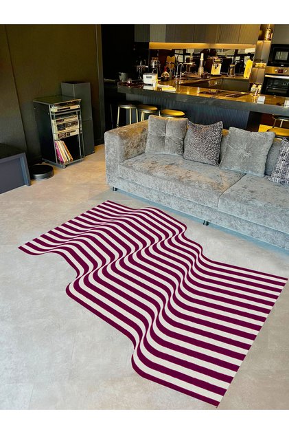 Rio Collection Burgundy White Wavy Pattern Asymmetric Detail Woven Base Modern Decorative Carpet Rio08-B