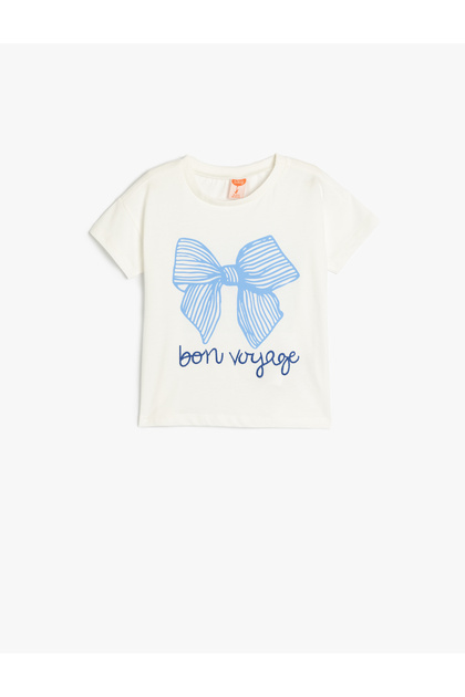 Printed Bow T-Shirt Short Sleeve Crew Neck Cotton
