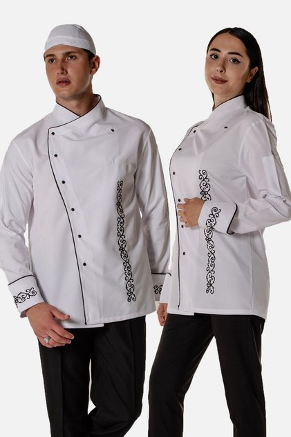 White Cook and Kitchen Chef Jacket with Black Embroidery Pattern and Piping