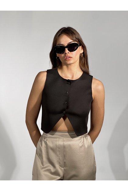 Black Button Detailed Asymmetrical Cut Vest | Ek 100371165