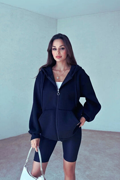 Kadın 3 İplik Oversize Kapüşonlu Fermuarlı Hırka Sweatshirt