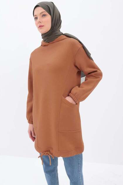Açık Kiremit-Kulplu Kapüşonlu Sweat Tunik