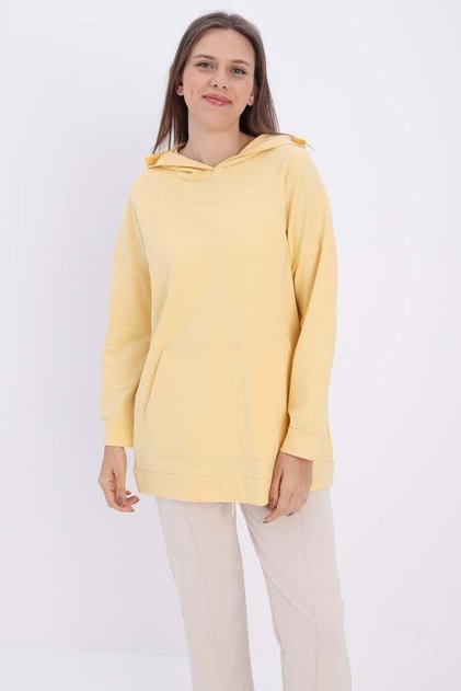Açık Sarı Kanguru Cepli Kapüşonlu Sweat Tunik