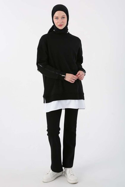 Siyah Kolları Fermuarlı Dokuma Garnili Oversize Sweat Tunik