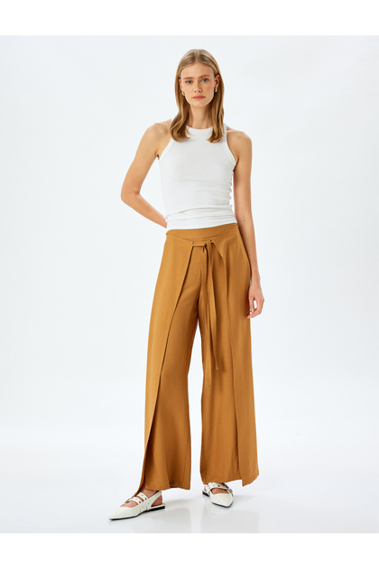 Double Breasted Side Cover Detail Tied Wide Leg Viscose Trousers