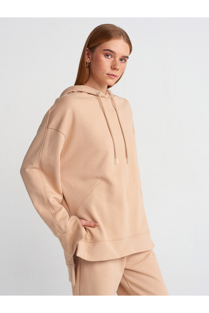 40403 Stitched Humorous Slit Sweatshirt-Camel