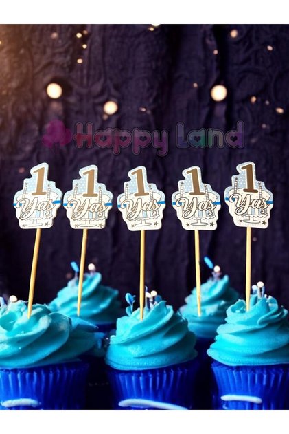 1 Year Birthday Blue Toothpick and Silver Leaf 10 Pieces Decorated for Party