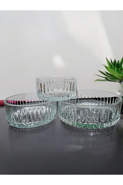 Cut Crystal Glass Salad Bowl Set of 3 / Line Decor