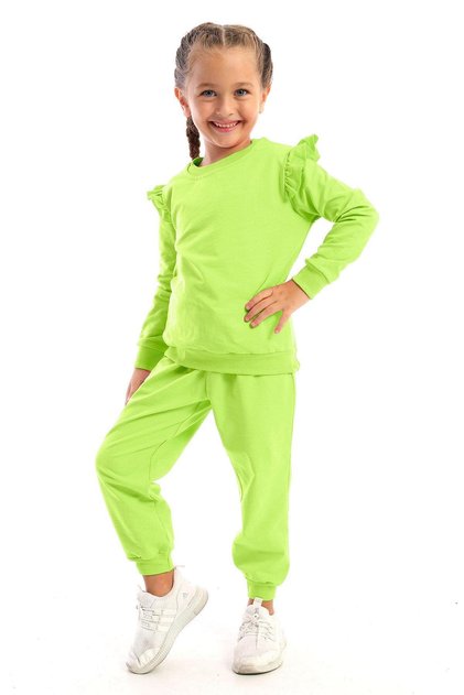 Crew Neck Long Sleeve Pistachio Green Color Girl's Tracksuit Set