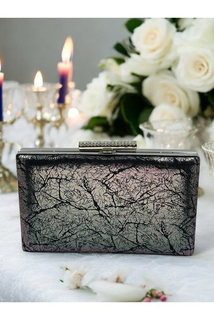 Anthracite Gray Medium-Sized Women's Evening Bag with Platinum Silver Accents—Perfect for Weddings, Engagements, Graduations, Henna Ceremonies, and Proms