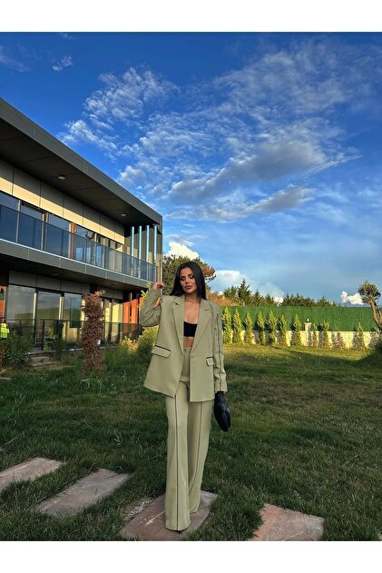 Women's Stripe Detailed Blazer Jacket Palazzo Trousers Suit