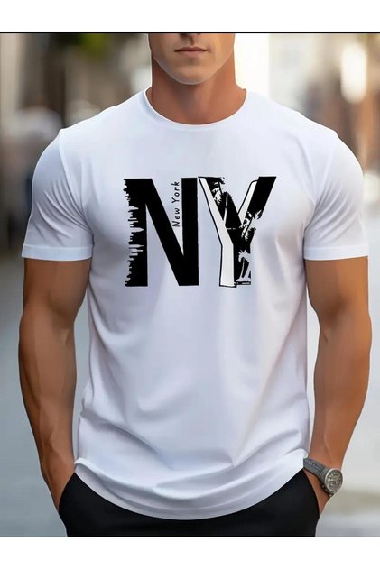 Ny Newyork Printed Basic Cotton Combed White T-Shirt