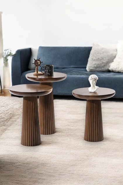 Ahşap 3'lü Set Fitilli Mantar Yan Sehpa Modern Ceviz Fiskos