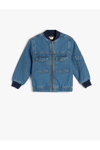 Cotton Long Sleeve Covered Pocket Oversize Bomber Denim Jacket