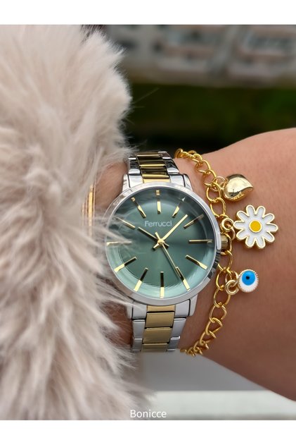 35 mm Case, Yellow Silver-Colored Steel Strap, Green Dial, Stylish Design Dial, Women's Wristwatch + Bracelet.