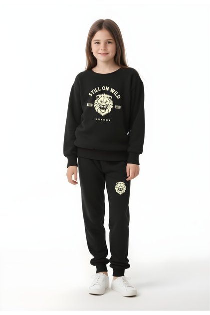Girl's Round Neck Lion Printed Tracksuit