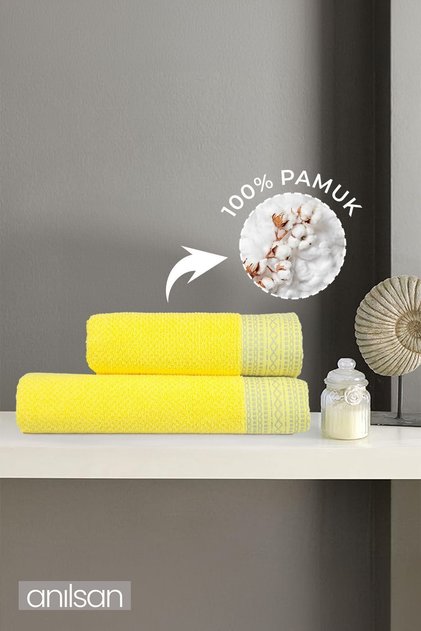 100% Cotton Set of 2 Yellow Towels - 1 Hand Towel and 1 Bath Towel