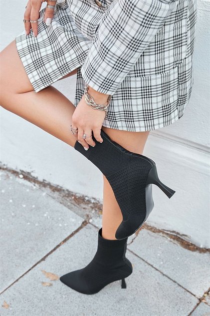 Daily women's black boot striped thin high heel leather detailed comfortable knit stretch bootie 169