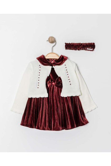 Baby Neck Bow Detailed Velvet Fabric Bandana Girl's Knitwear Cardigan Dress Set