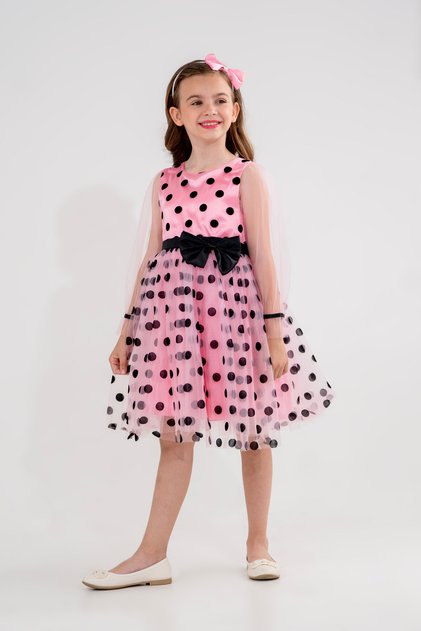 Polka Dot Patterned Buckle Bow Detailed Girls' Evening Dress
