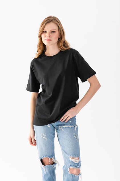 T-Shirt, Short-Sleeved Oversized T-Shirt, Cotton Black Crew Neck Oversized T-Shirt, Women's T-Shirt.