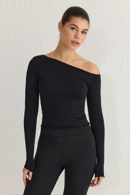 Siyah Seamless/Dikişsiz Uzun Kollu Örme Spor T-Shirt THMSS25TS00004