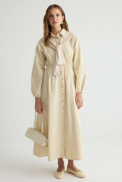 Trendyol Modest Beige Striped Woven Shirt Dress with Shoulder Scarf Detail Tctss25Eb00015- Trendyol Trendyol Modest Beige Striped Woven Shirt Dress with Shoulder Scarf Detail Tctss25Eb00015- Trendyol