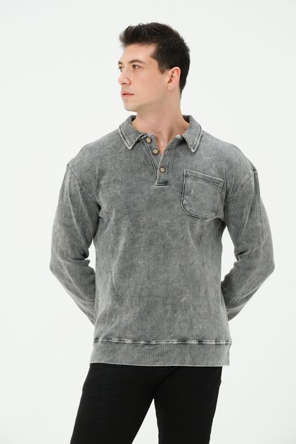 Men's Anthracite Washed Pale Effect Judge Collar Sweatshirt