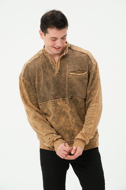 Men's Brown Washed Pale Effect Polo Neck Sweatshirt