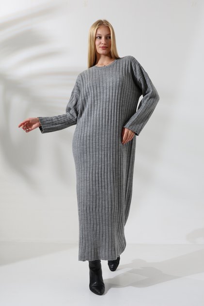 Round Crew Neck Ribbed Long Sleeve Oversize Ankle Length Basic Seasonal Knitwear Dress